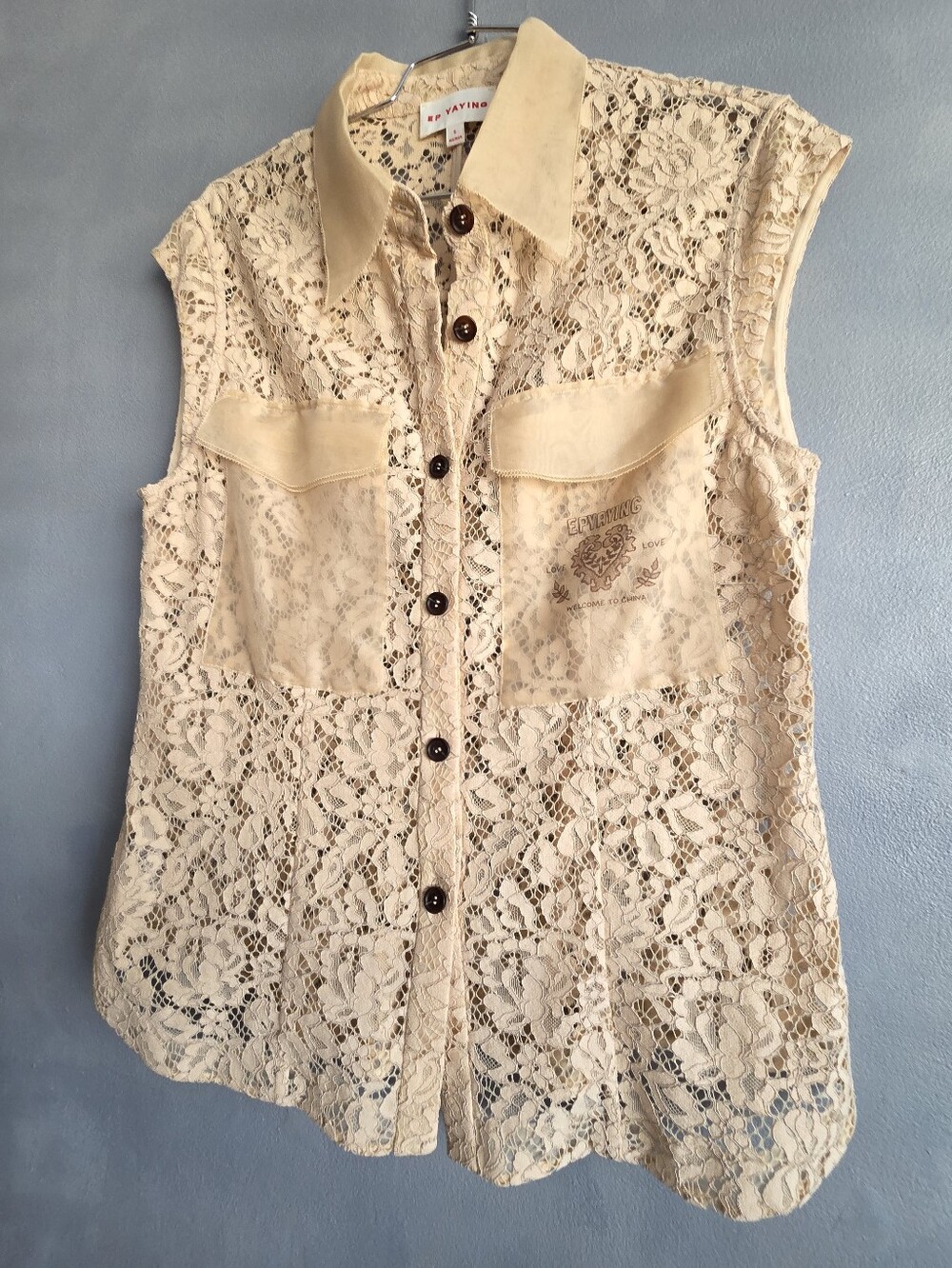 EP YAYING BEIGE BUTTON  LACE SILK CAP-SLEEVE BLOUSE US SIZE 8 NEW